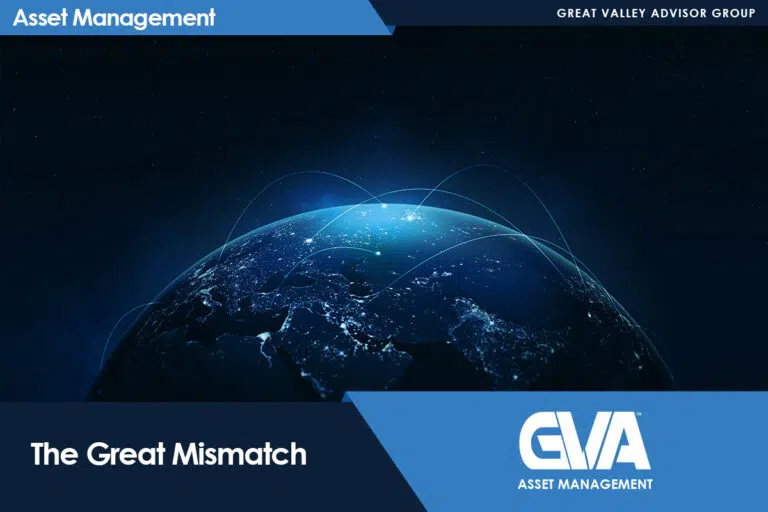 Global globe with glowing network lines over a dark background, layered with a blue banner reading 'The Great Mismatch' and the GVA Asset Management logo.