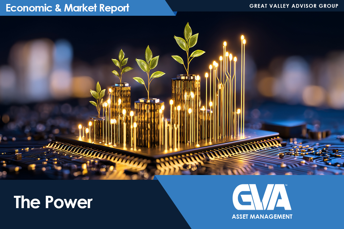 Microchip landscape with glowing vertical bars and young green sprouts, symbolizing growth and power on an Economic & Market Report cover by GVA Asset Management.