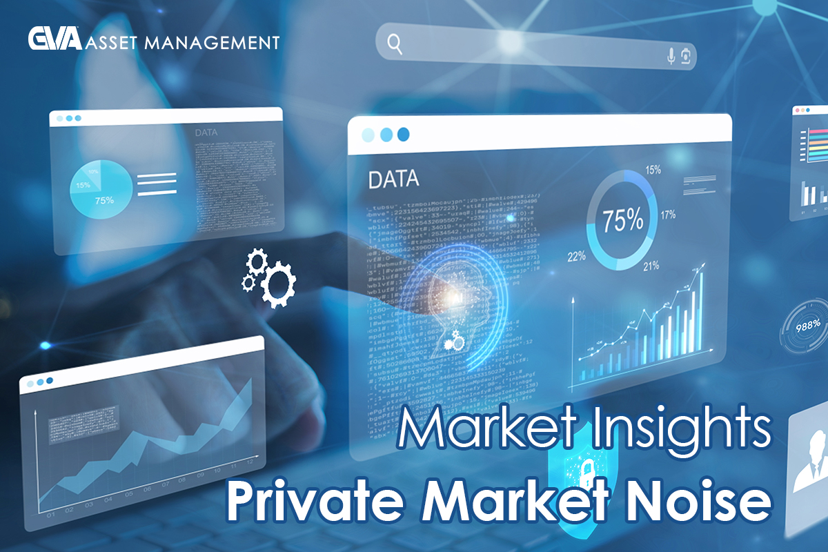 Hero image for GVA Asset Management with floating data dashboards, charts, and the title 'Market Insights: Private Market Noise' for a market-analytics page.